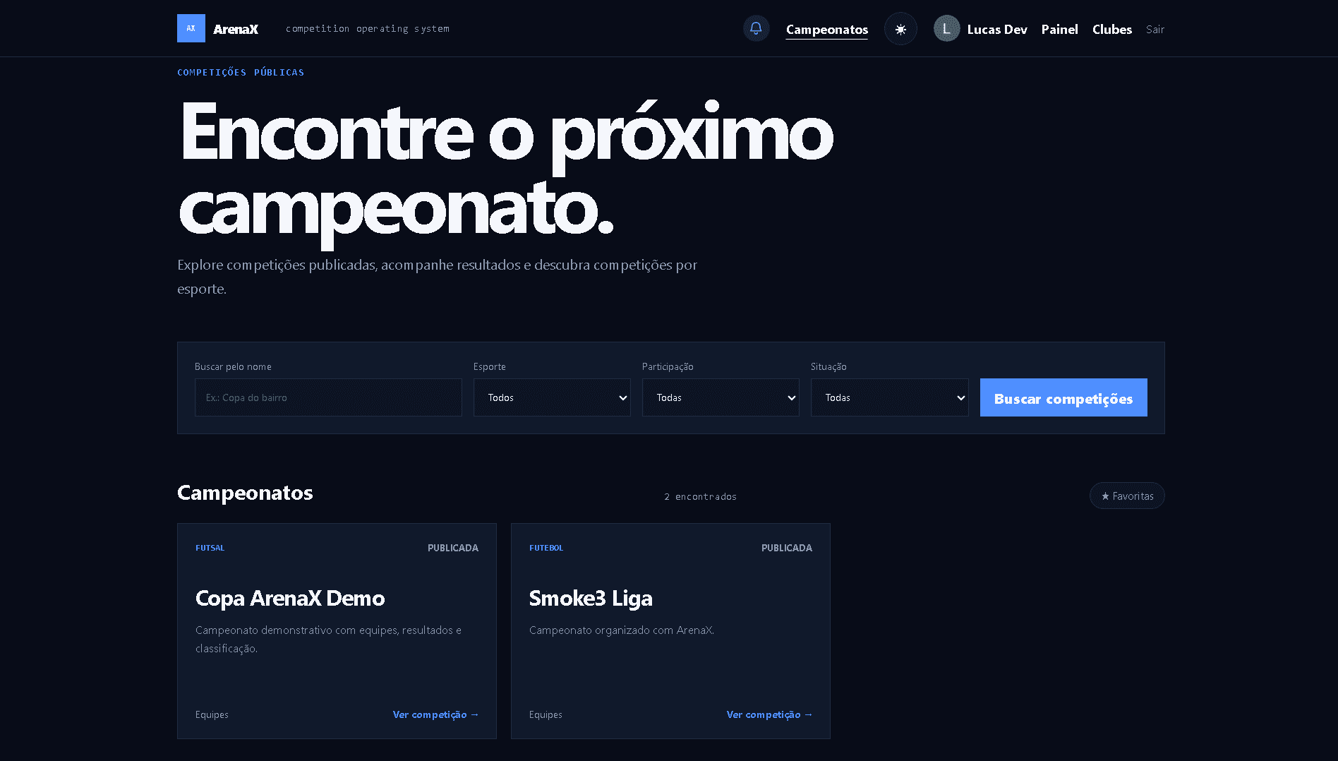 Tela pública do ArenaX para explorar e filtrar campeonatos.