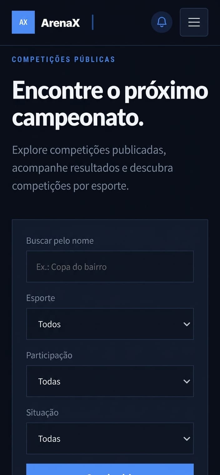 Tela móvel do ArenaX para buscar competições públicas.