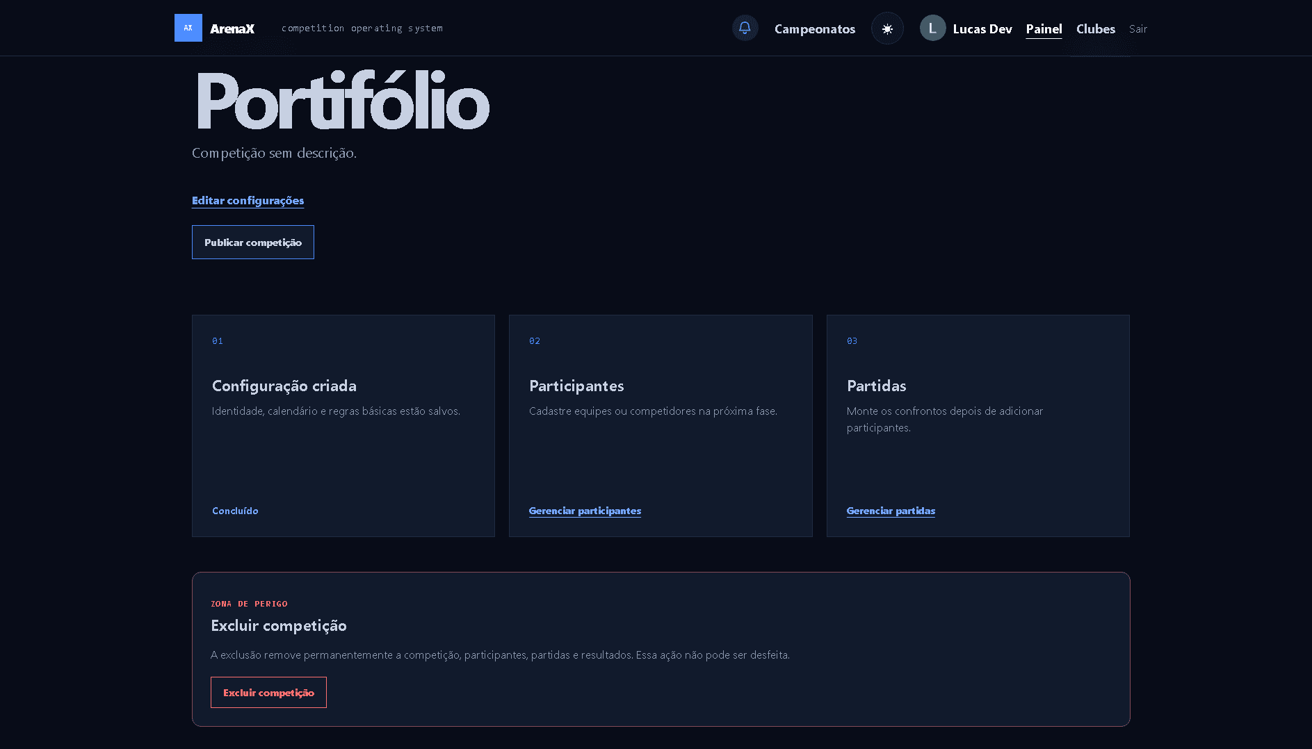 Tela do ArenaX para configuração inicial de uma competição.