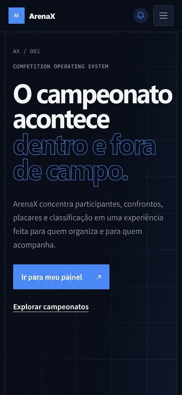 Composição de telas móveis do ArenaX para home, campeonatos, painel e chaveamento.