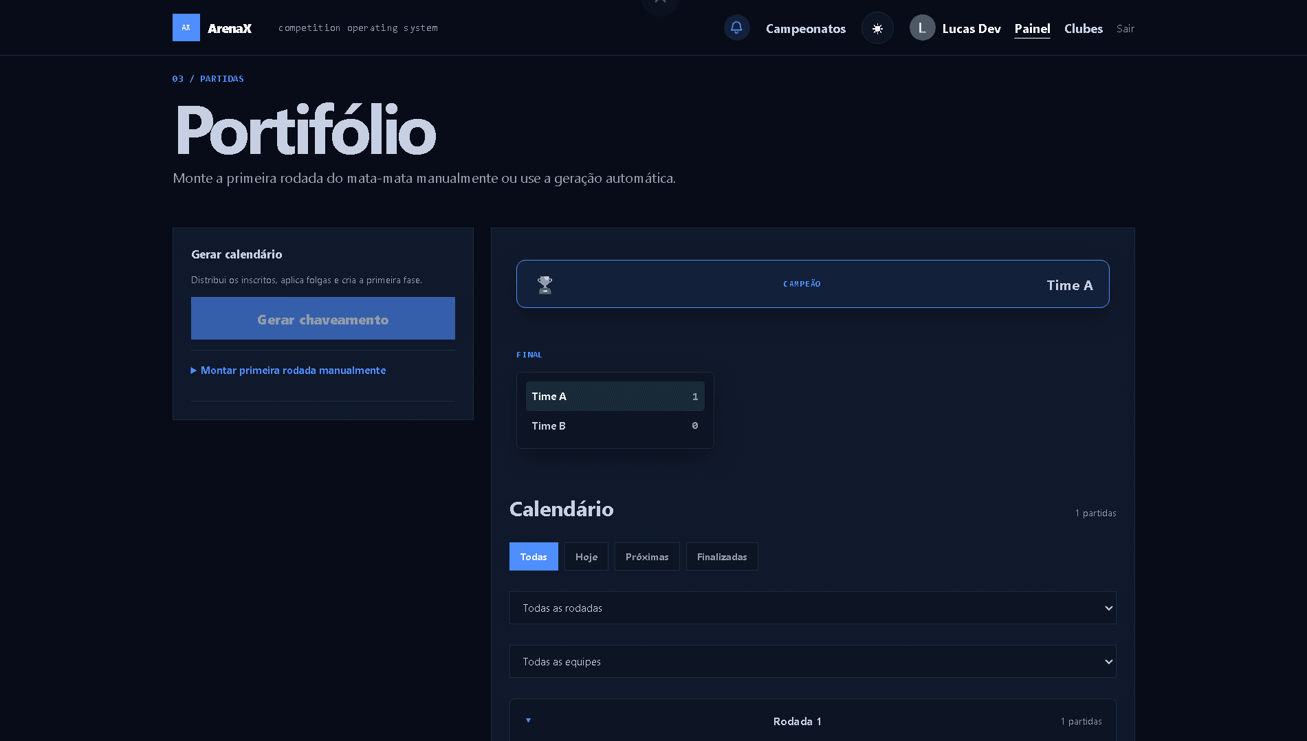 Tela do ArenaX com chaveamento, fases e calendário de partidas.