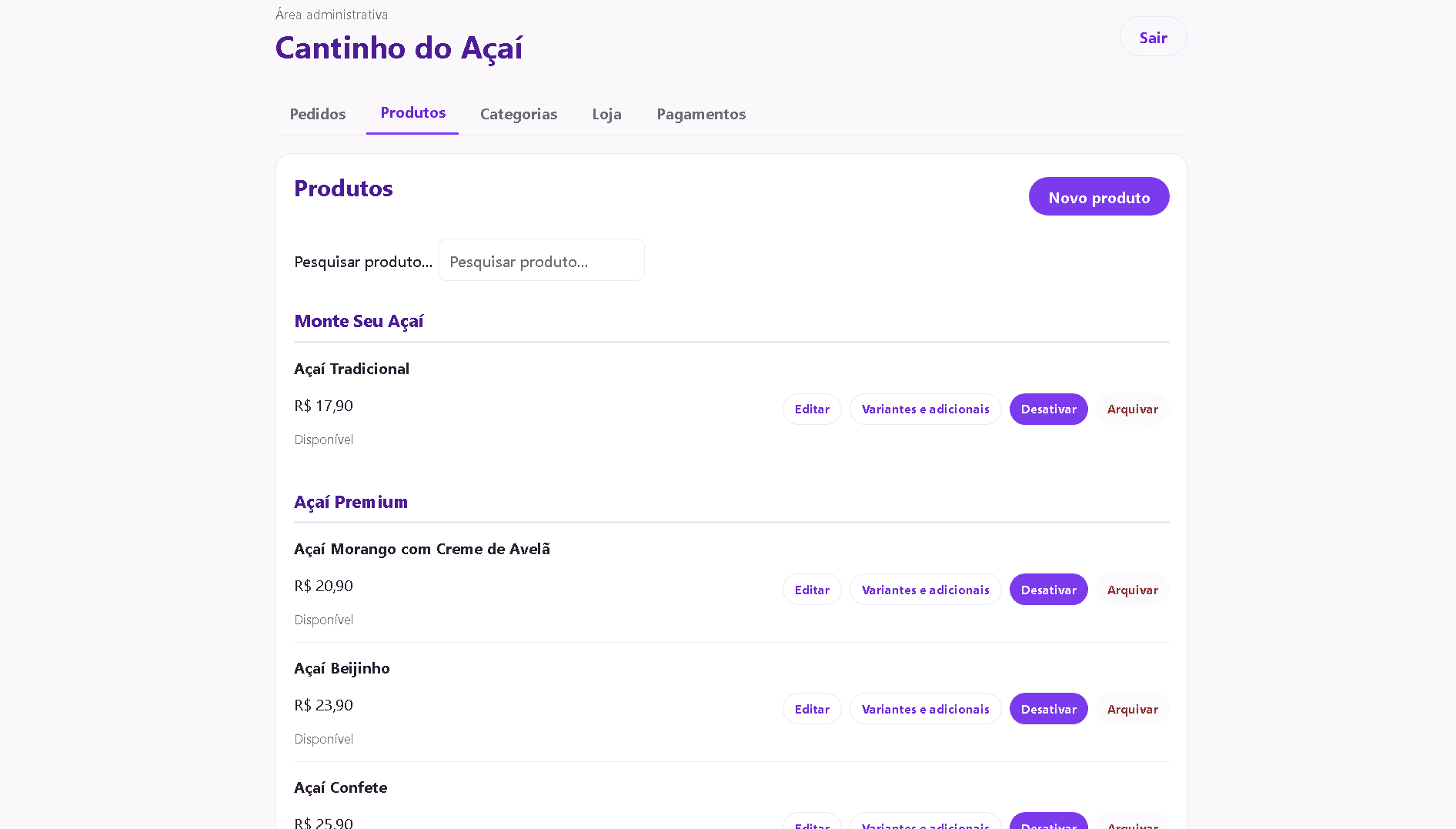 Painel administrativo do Cantinho do Açaí para gestão de produtos.