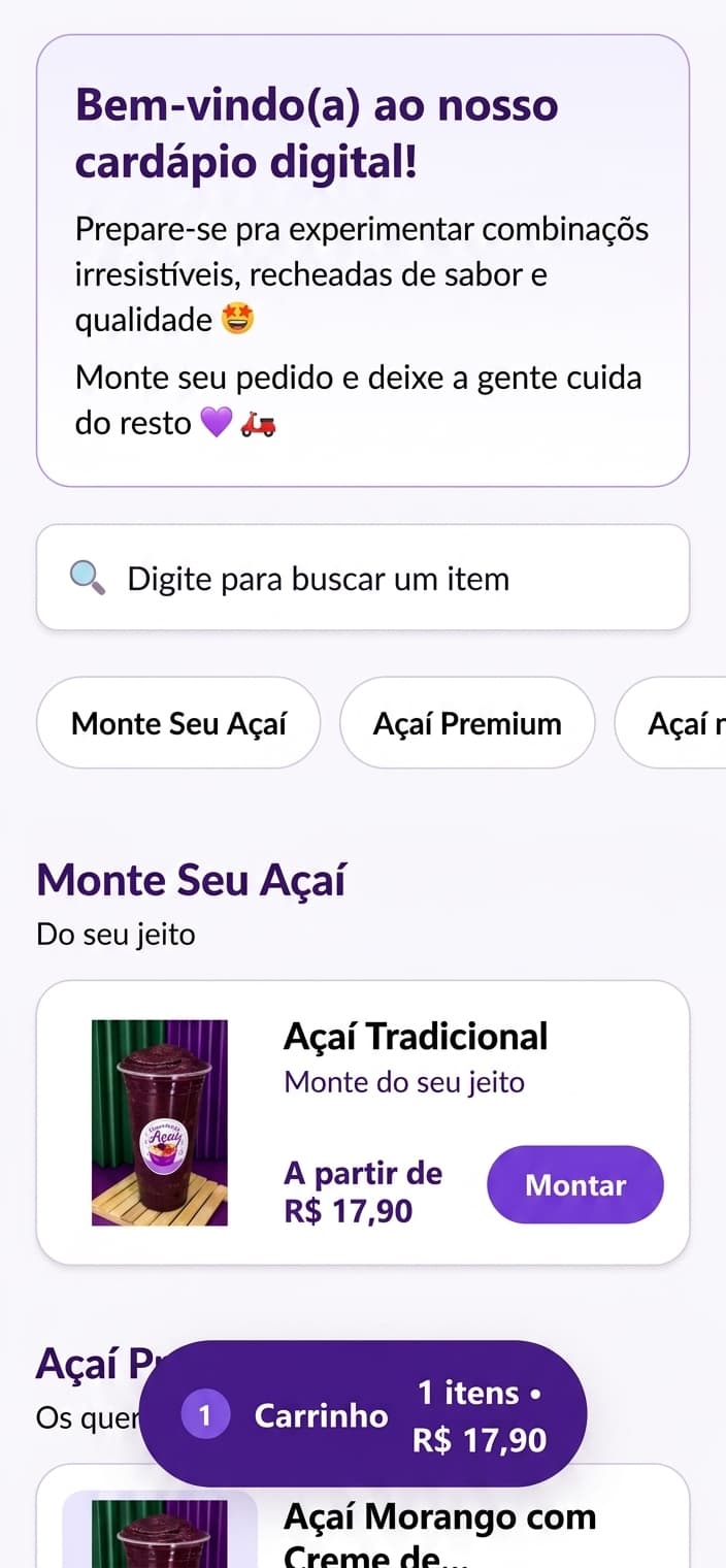 Cardápio do Cantinho do Açaí em dispositivo móvel.