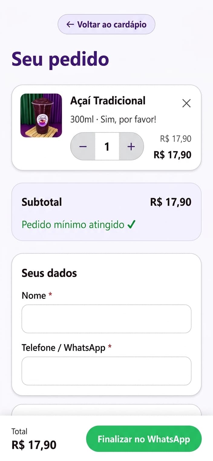 Checkout do Cantinho do Açaí em dispositivo móvel.