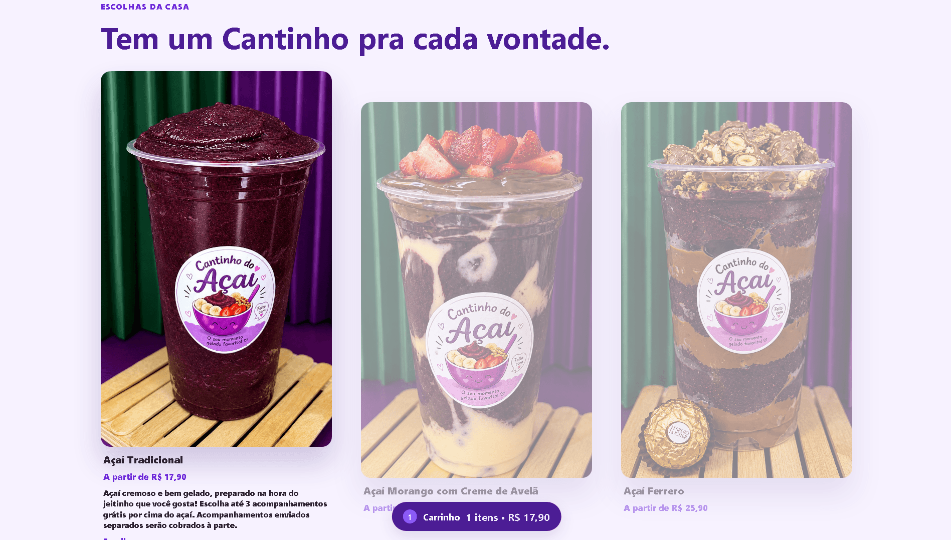 Seleção de produtos em destaque do Cantinho do Açaí.