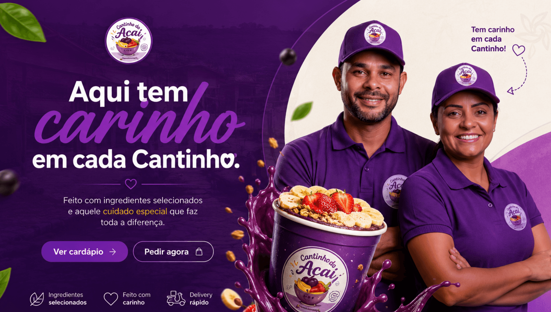 Página inicial do Cantinho do Açaí com a identidade visual da marca e seus proprietários.