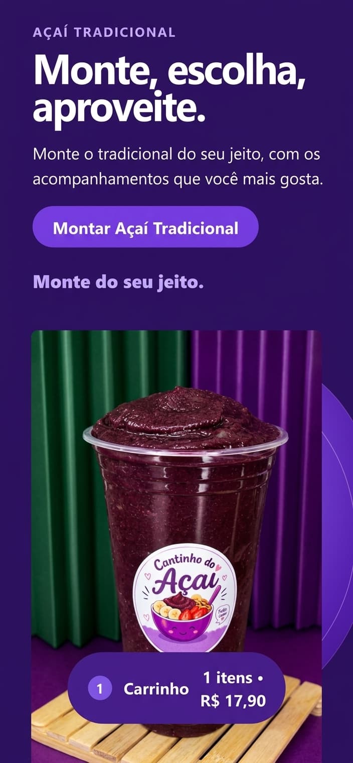 Página inicial do Cantinho do Açaí em dispositivo móvel.
