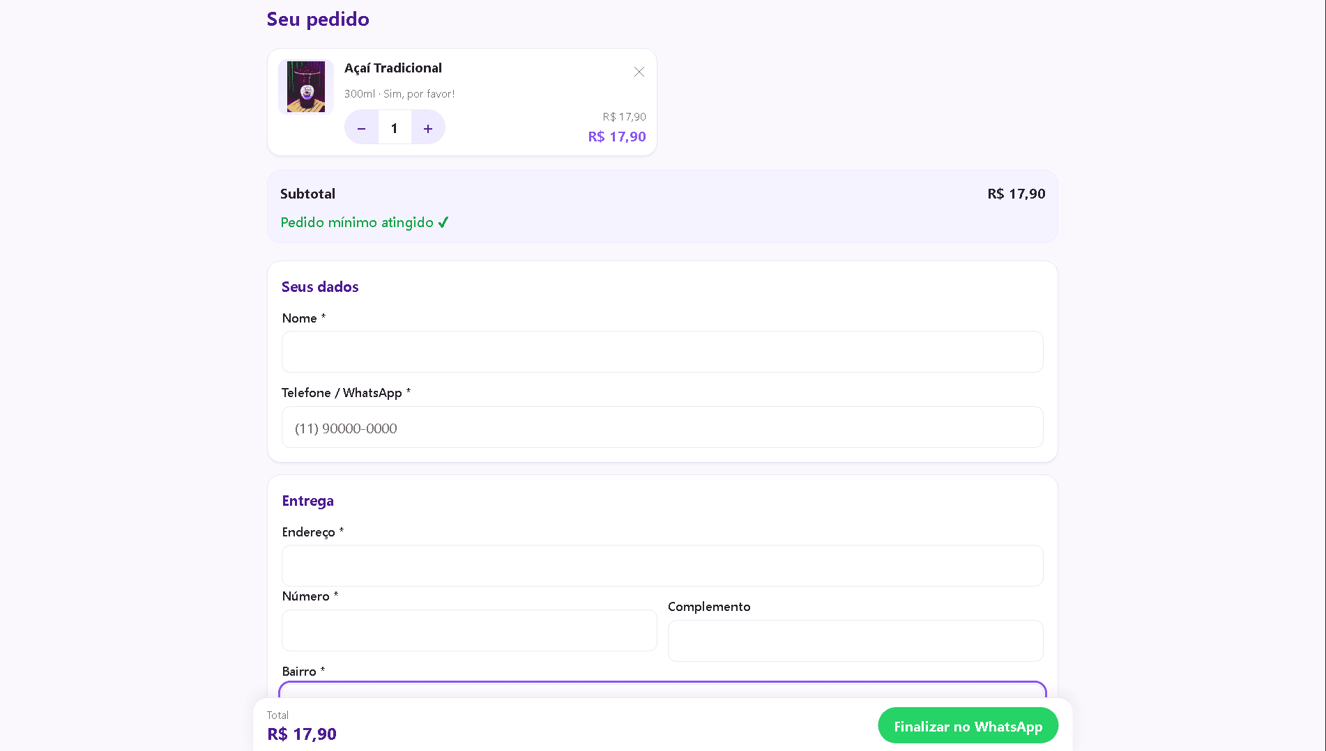 Checkout do Cantinho do Açaí com resumo do pedido e dados de entrega.