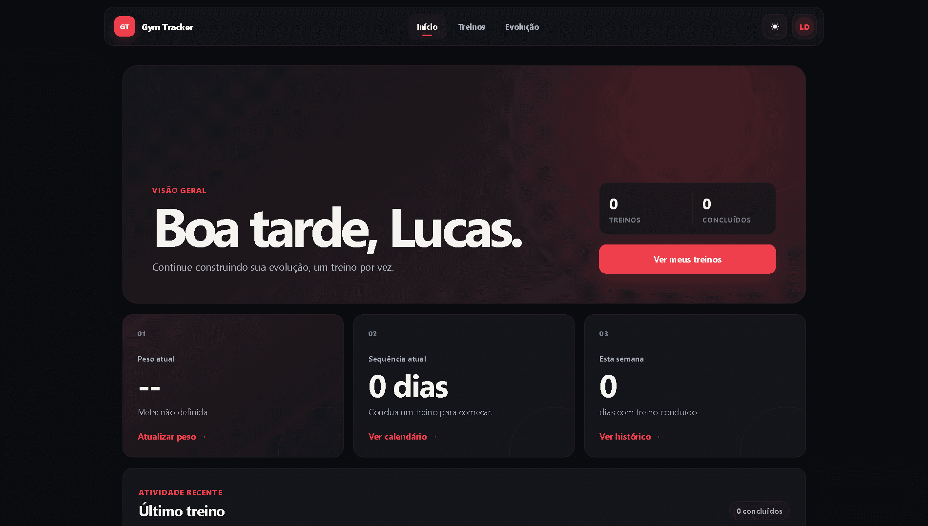 Painel inicial do Gym Tracker com resumo de treinos e evolução.