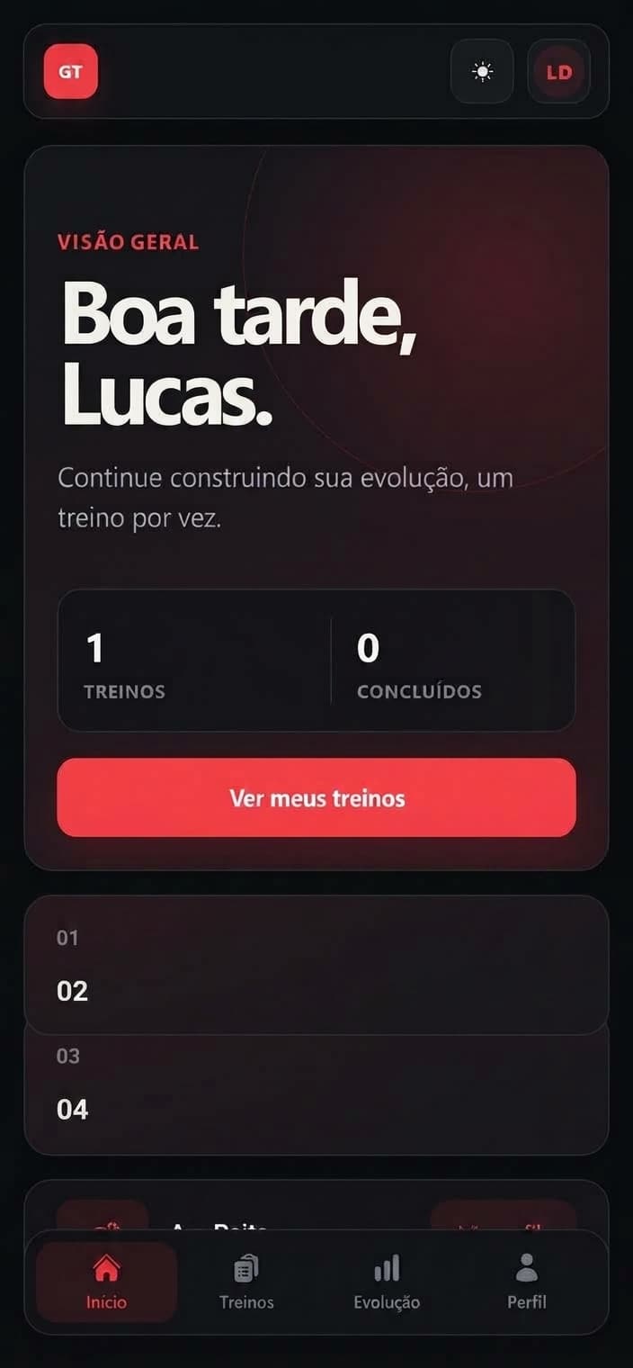 Painel inicial do Gym Tracker em dispositivos móveis.