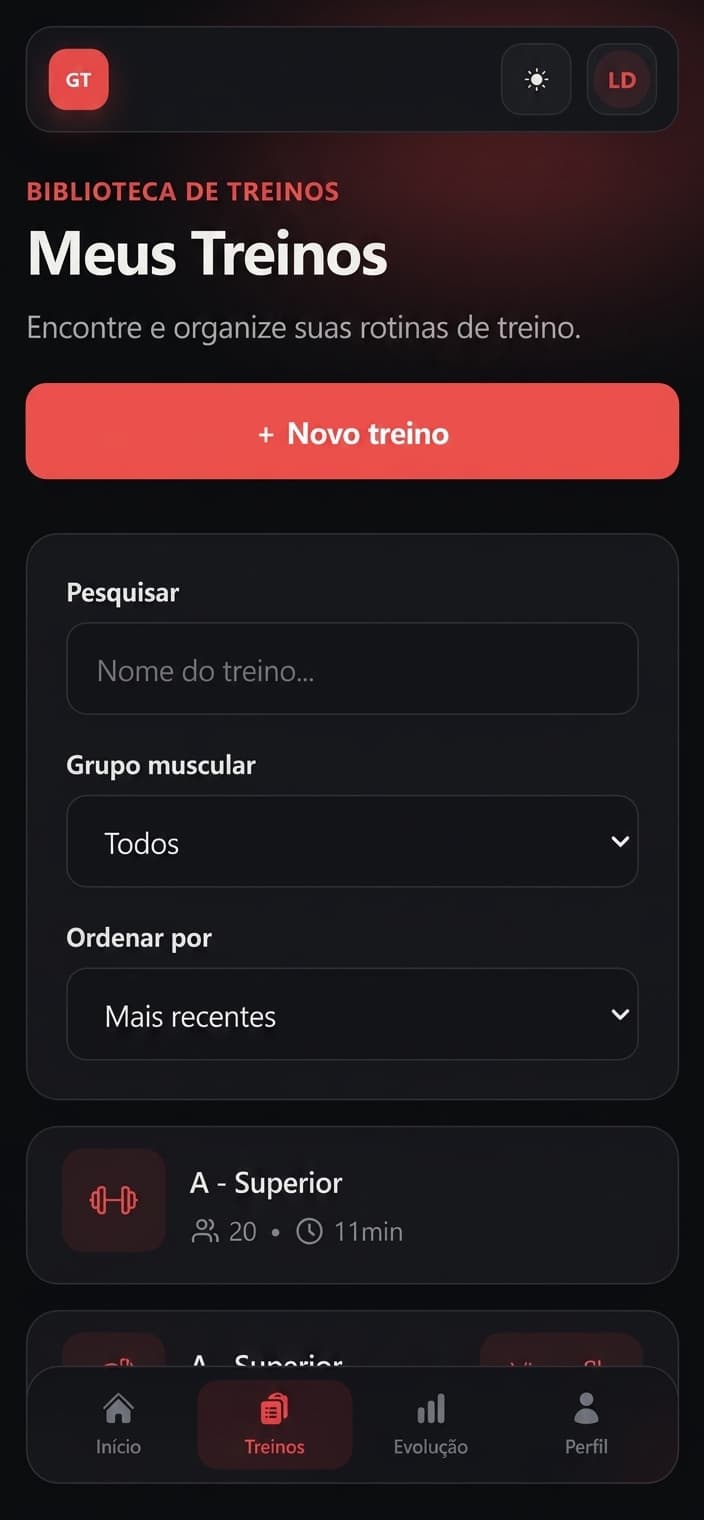 Biblioteca de treinos adaptada para dispositivos móveis.