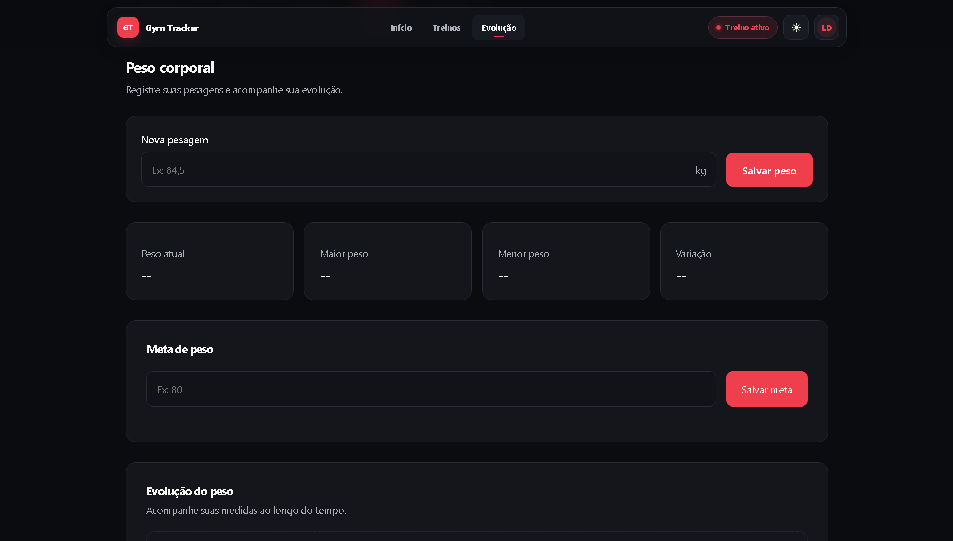 Acompanhamento de peso corporal e meta no Gym Tracker.
