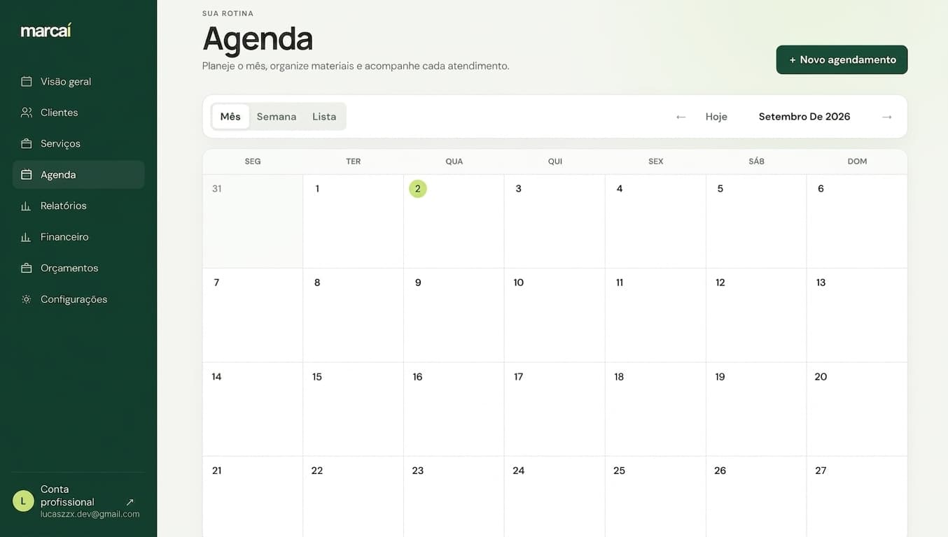 Agenda mensal do Marcaí para organizar atendimentos.