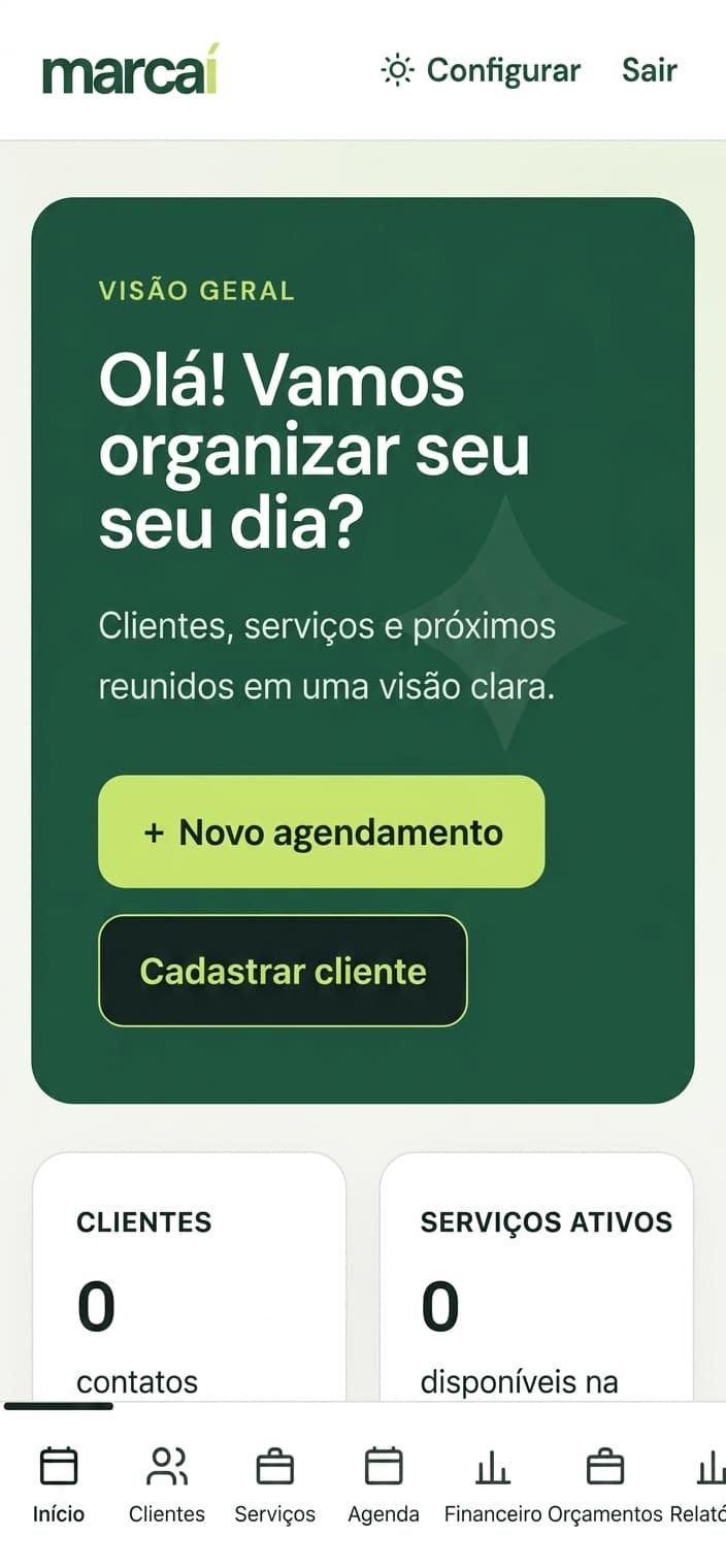 Painel mobile do Marcaí com ações rápidas e indicadores.