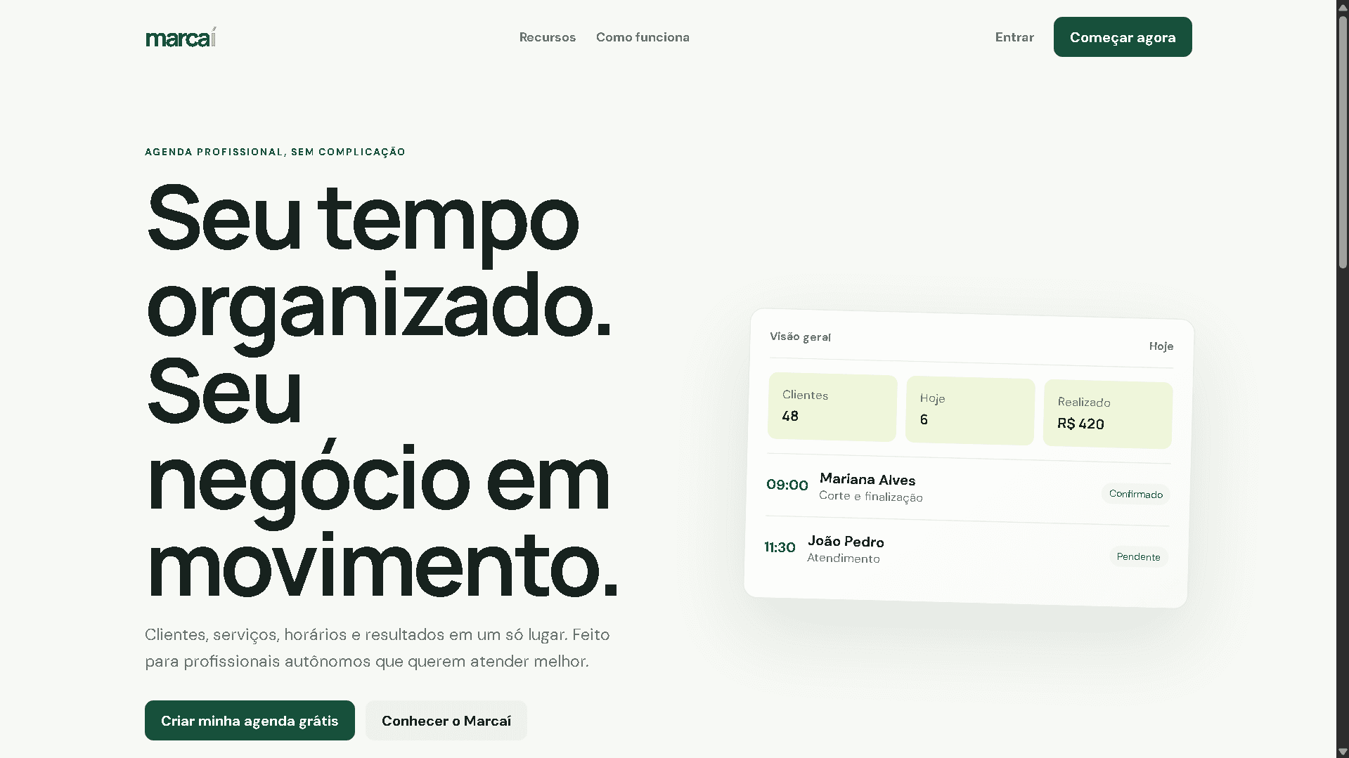 Página inicial do Marcaí apresentando a proposta de organização para profissionais autônomos.