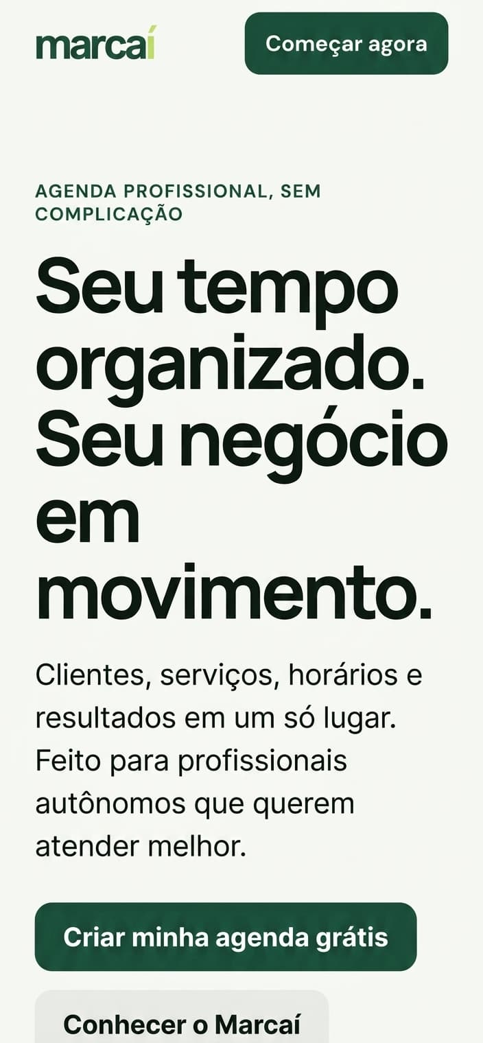 Versão mobile da página inicial do Marcaí.