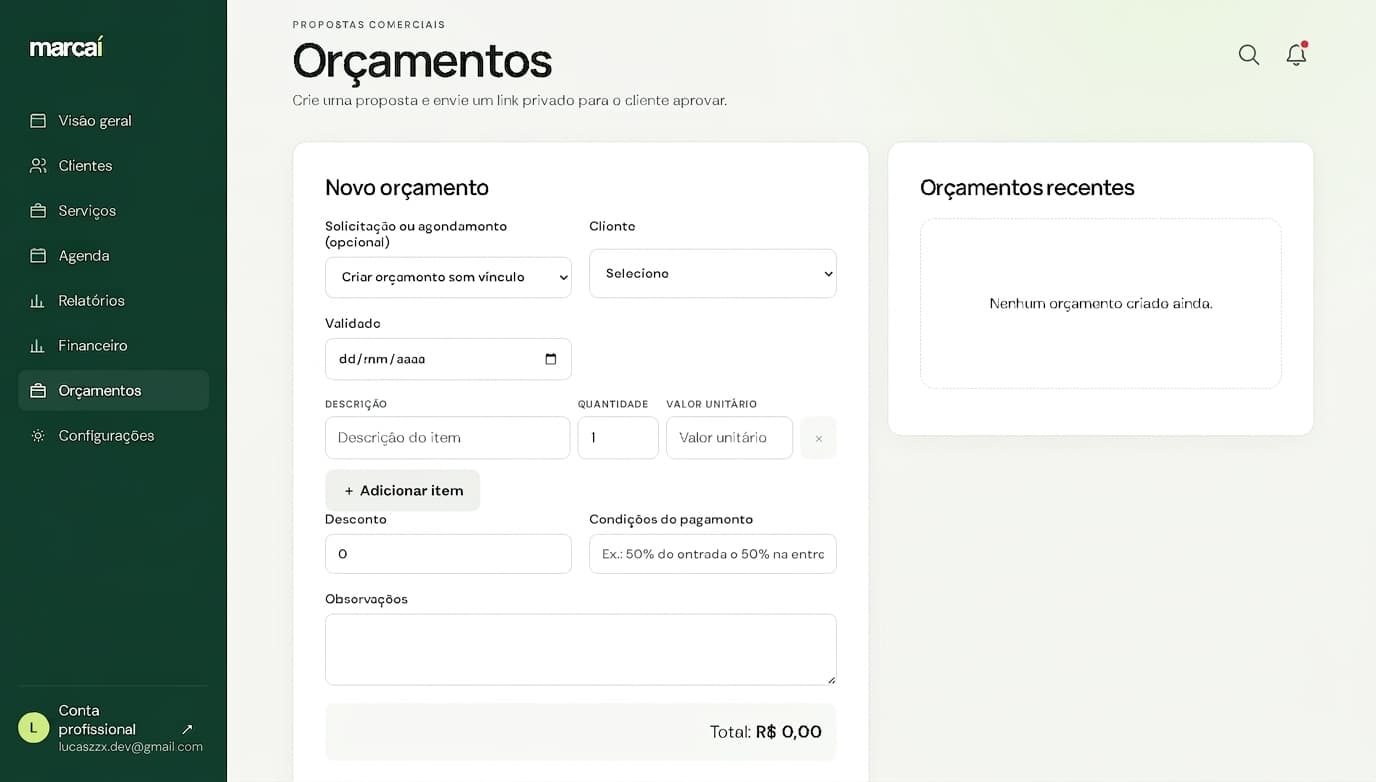 Tela de criação de orçamento do Marcaí com itens, validade e condições de pagamento.
