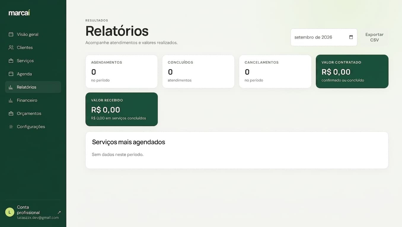 Relatórios do Marcaí com indicadores de agendamentos e valores do período.