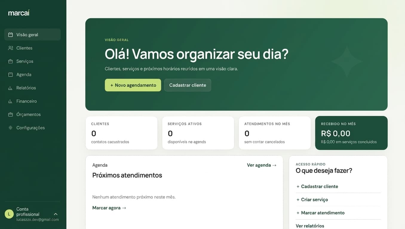 Painel do Marcaí com atalhos, indicadores e próximos atendimentos.